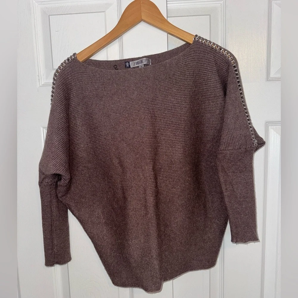 Jennifer Lopez Chain Shoulder Sweater Taupe Dolman Sleeve Knit Top M